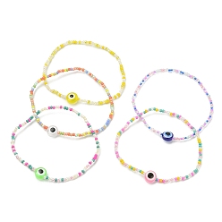 Mixed Color Resin Evil Eye & Seed Beaded Stretch Bracelet, Mixed Color, Inner Diameter: 2-1/8 inch(5.5cm)