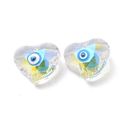 Deep Sky Blue Transparent Glass Beads, with Enamel, Faceted, Heart with Evil Eye Pattern, Deep Sky Blue, 15.5x18.5x10mm, Hole: 1.6mm