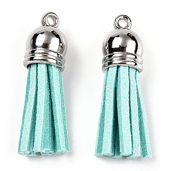 Turquoise Faux Suede Tassel Pendant Decorations, with CCB Plastic Cord Ends, Platinum, Turquoise, 35~37x10mm, Hole: 1.8mm