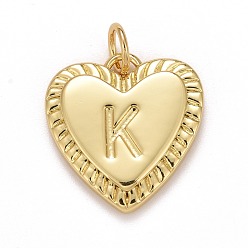 Letter K Colgantes de latón chapado en oro real 18k, con anillos de salto, larga duración plateado, sin plomo, cadmio, níquel, corazón con letra a~z, letter.k, 16x15x2.5 mm, anillo de salto: 5x0.5 mm, 3 mm de diámetro interior