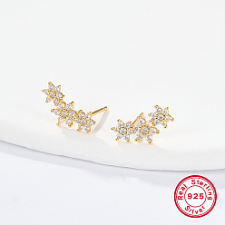 Clear Cubic Zirconia Flower Stud Earrings, Golden 925 Sterling Silver Post Earings, Clear, 12x5mm