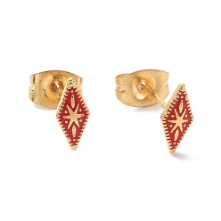 Red Enamel Rhombus with Star Stud Earrings with 316L Surgical Stainless Steel Pins, Gold Plated 304 Stainless Steel Jewelry for Women, Red, 8.5x4mm, Pin: 0.7mm