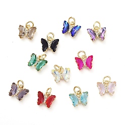 Mixed Color Brass Micro Pave Clear Cubic Zirconia Pendant, with Glass, Butterfly, Golden, Mixed Color, 12.5mm