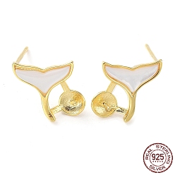 Real 18K Gold Plated 925 Sterling Silver Stud Earring Findings, with Shell & S925 Stamp, for Half Drilled Pearl Beads, Fishtail, Real 18K Gold Plated, 10x10mm, Pin: 0.7mm