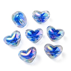 Azul Royal Perlas europeas de acrílico transparente chapado en uv de dos tonos, abalorios de grande agujero, corazón, azul real, 14.5x18.5x14 mm, agujero: 4 mm