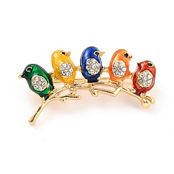 Colorido Pájaros con broche de diamantes de imitación de aleación de rama, exquisito pin de solapa para niña mujer, dorado, colorido, 20x37.5x4 mm, pin: 0.8 mm