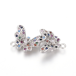 Platinum Brass Micro Pave Cubic Zirconia Links connectors, Butterfly, Colorful, Platinum, 14.5x27x3.5mm, Hole: 1.4mm