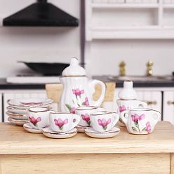 Цветок Мини керамические чайные сервизы, включая чашку, чайник, блюдце, аксессуары для кукольного домика в микроландшафтном саду, притворяясь опорными украшениями, цветок, 13~27 мм, 15 шт / комплект