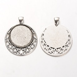 Antique Silver Tibetan Style Alloy Pendant Cabochon Settings, Cadmium Free & Lead Free, Flat Round with Stars, Antique Silver, Tray: 25mm, 44x36x2mm, Hole: 5x7mm, about 140pcs/kg