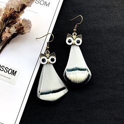 White Alloy Owl with Feather Dangle Earrings, Long Drop Earrings for Women, White, 50x50mm