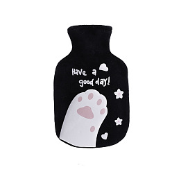 Black Cat Paw Print Rubber Hot Water Bottles, with with Soft Fluffy Cover, Hot Water Bag, Black, 187x110mm, Capacity: 350ml