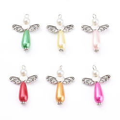 Mixed Color Imitation Pearl Acrylic Pendants, Antique Silver Alloy Heart Beads, Angel & Wings, Mixed Color, 34x23.5x7.5mm, Hole: 2x3mm