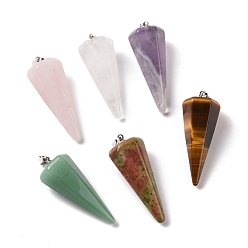 Mixed Stone Natural Mixed Stone Pendants, with Platinum Plated Brass Findings, Faceted, Cone, 35~36x13~14x12~12.5mm, Hole: 2.7x6.5mm