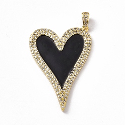 Noir Micro cuivres ouvrent pendentifs zircone cubique, Style émail, charme coeur, or, noir, 44.5x28.5x2.5mm, Trou: 5x2.5mm