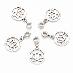 Antique Silver Tibetan Style Alloy Large Hole European Dangle Charms, Flat Round with Yoga Lotus, Antique Silver, 36mm, Hole: 5mm