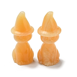 Topaz Jade Natural Topaz Jade Carved Healing Cat with Witch Hat Figurines, Reiki Energy Stone Display Decorations, 48~50x19~21mm