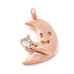Rose Gold Moon with Smiling Face Brass Micro Pave Clear Cubic Zirconia Pendants, Cadmium Free & Lead Free, Rose Gold, 17x13x2.5mm, Hole: 1.6mm