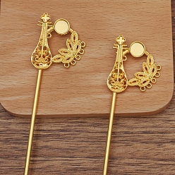 Golden Iron Hair Stick Findings, with Alloy Pipa and Settings, Golden, 145x30mm