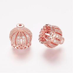 Or Rose Micro en laiton pavent des perles cubes de zircone, bélière pompon casquette, couronne, creux, clair, or rose, 11x11mm, Trou: 1mm