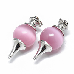 Perlas de Color Rosa Colgantes de ojo de gato, con fornituras de latón de tono platino, hierro doble bucles anillos del salto, péndulo, rosa perla, 40.5x18 mm, agujero: 6 mm