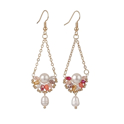 Red Natural Pearl & Glass Teardrop with Flower Dangle Earrings, Golden Brass Jewelry for Women, Red, 74mm, Pin: 0.5mm