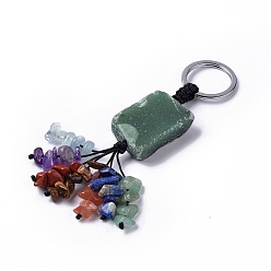 Green Aventurine Natural Green Aventurine Nugget with Mixed Gemstone Chips Tassel Keychains, with 304 Stainless Steel Ring Clasps, 9~10.5cm