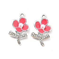 Light Coral Alloy Rhinestone Enamel Pendants, with ABS Plastic Imitation Pearl Beads, Flower Charms, Platinum, Light Coral, 19.5x11x4mm, Hole: 1.5mm