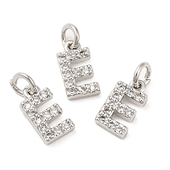 Real Platinum Plated Brass Micro Pave Grade AAA Cubic Zirconia Charms, Letter E, Cadmium Free & Nickel Free & Lead Free, Real Platinum Plated, 9x4.5x1.5mm, Hole: 2mm