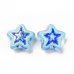 Bleu Ciel Clair Placage uv perles acryliques irisées arc-en-ciel, avec l'émail, étoiles, lumière bleu ciel, 19x20x9mm, Trou: 2mm