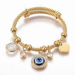 Golden Adjustable 304 Stainless Steel Charm Bangles, with Resin, Glass and Rhinestone, Eye, Heart, Flat Round, Golden, 2-1/4 inch(5.6cm), 4~12mm