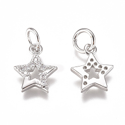 Platinum Brass Micro Pave Cubic Zirconia Charms, with Jump Ring, Long-Lasting Plated, Star, Clear, Real Platinum Plated, 11x8x2mm, Hole: 3mm