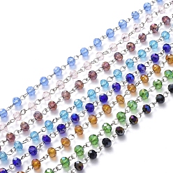 Mixed Color Handmade Electroplate Glass Beaded Chains, with Platinum Plated Iron Eye Pin, Unwelded, Mixed Color, 39.37 inch(100cm), Beads: 6x4.5mm