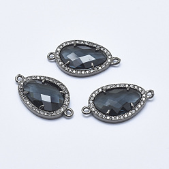 Black Brass Micro Pave Cubic Zirconia Links, with Glass, Faceted, Teardrop, Gunmetal, Black, 28x16x4.5mm, Hole: 1.6mm