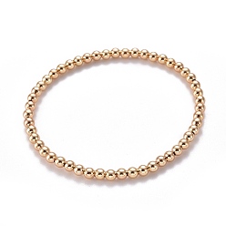 Real 18K Gold Plated Brass Stretch Beaded Bracelets, Round, Real 18K Gold Plated, Inner Diameter: 2-1/4 inch(5.8cm), Bead: 4mm