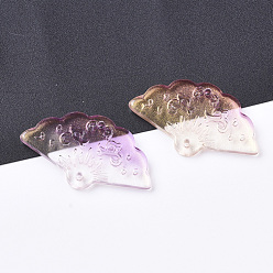 Orchid Transparent Spray Painted Glass Pendants, with Single Face Glitter Powder, Fan, Orchid, 20x34.5x3.5mm, Hole: 1.2mm