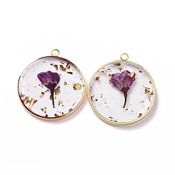 Purple Transparent Clear Epoxy Resin Pendants, with Edge Golden Plated Brass Loops and Gold Foil, Flat Round Charms with Inner Flower, Purple, 33.8x30x4mm, Hole: 2.5mm
