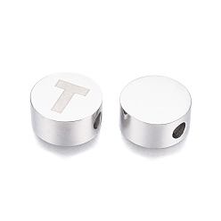 Letter T 304 Stainless Steel Beads, Flat Round with Letter, Letter.T, 10x4.5mm, Hole: 2mm