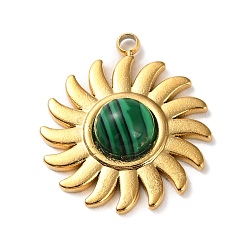 Malachite Synthetic Malachite Sun Pendants, Golden Plated 304 Stainless Steel Sun Charms, 19.5x17x4.5mm, Hole: 1.6mm