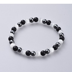 White Cat Eye Stretch Bracelets, with Natural Black Agate(Dyed) Beads and Non-Magnetic Synthetic Hematite Beads, White, 2-1/4 inch(5.7cm)