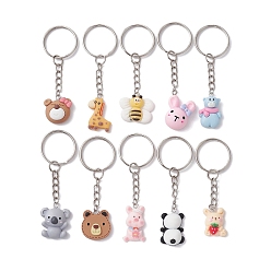 Mixed Color Animal Theme Reisn Pendants Keychain, with Iron Keychain Ring, Mixed Shapes, Mixed Color, 7.2~7.7cm