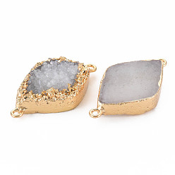 Druzy Agate Natural Druzy Agate Connector Charms, with Light Gold Plated Brass Loops, Rhombus, 38~41x21~23x7~10mm, Hole: 1.8mm