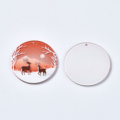 Salmon Foncé Pendentifs acryliques transparents imprimés 3d, Noël, plat rond avec renne de noël, saumon noir, 37.5x2.5mm, Trou: 1.4mm