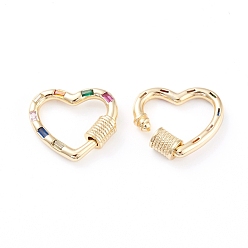 Real 18K Gold Plated Brass Micro Pave Cubic Zirconia Screw Carabiner Lock Charms, for Necklaces Making, Long-Lasting Plated, Heart, Colorful, Real 18K Gold Plated, 18.5x21x3mm, Screw: 5mm in diameter
