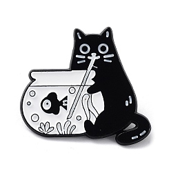 Black Cartoon Style with Fish Bowl Cat Enamel Pins, Black Alloy Badge for Men Women, Black, 28x31x1.5mm