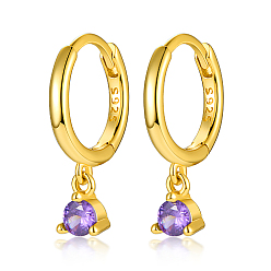 Medium Purple Real 18K Gold Plated 925 Sterling Silver Hoop Earrings, with Cubic Zirconia Diamond Charms, with S925 Stamp, Medium Purple, 17mm