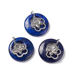 Lapis Lazuli Natural Lapis Lazuli Dyed Pendants, Flat Round Charms, with Platinum Tone Brass Flower with Butterfly Findings, Cadmium Free & Nickel Free & Lead Free, 30~35x28~32x10~10.5mm, Hole: 2mm