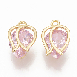 Pearl Pink Brass Cubic Zirconia Charms, Flower, Nickel Free, Real 18K Gold Plated, Pearl Pink, 12x8x5mm, Hole: 1mm