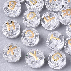 Or Perles acryliques transparentes transparentes, avec de la poudre de paillettes, trou horizontal, plat rond avec des lettres aléatoires, or, 10x6mm, Trou: 2mm, environ1560 pcs / 500 g