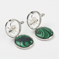 Malachite Synthetic Malachite Pendants, with Brass Diffuser Locket Findings, Flat Round with Angel, 31x26x8mm, Hole: 4mm