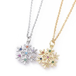 Golden & Stainless Steel Color 304 Stainless Steel Pendant Necklaces, with Cubic Zirconia, Cable Chains and Lobster Claw Clasps, Christmas Snowflake, Colorful, Golden & Stainless Steel Color, 17.5 inch(44.5cm), 1.5mm
